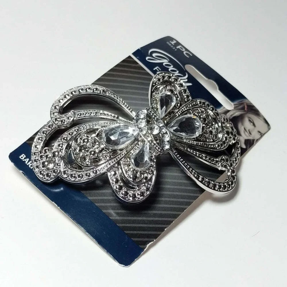 Goody Hair Barrette Fashionow Metal Butterfly Clip Faux Diamonds Gems Silver